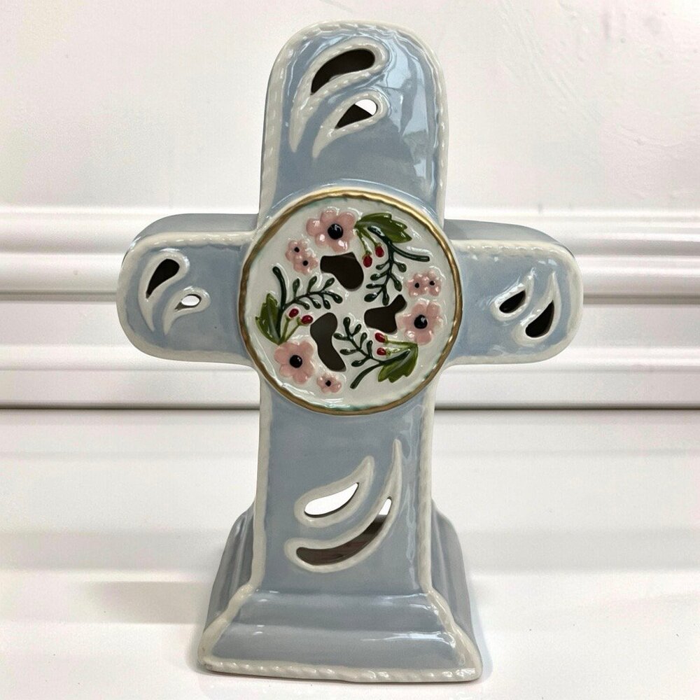 Blue Sky Clayworks Easter Ceramic Cross with Flowers - 9" - Baby Blue - Signed